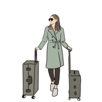 woman wearing sunglasses and over coat with two suitcases smiling and walking. Color Drawing minimal style. png