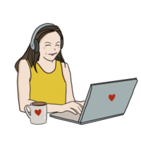 glücklich Frau Sitzung mit Computer Laptop und ein Tasse von Kaffee mit lesen Herz gestalten Etikett, lächelnd und suchen beim Computer Bildschirm. Zeichnung Illustration . png