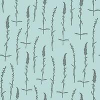 Botanical sketch with grass on blue background seamless pattern. Wild field elements vector