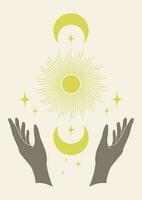 Retro sun and moon with hands print illustration. Tarot card vector