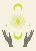 Retro sun and moon with hands print illustration. Tarot card vector