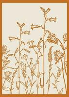 Art poster in neutral colors with grass, flowers and herbs. Brown silhouettes of plants. Modern monochrome vector poster for design in vintage style.