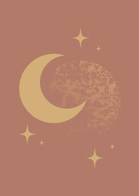 Mystical drawing of moon and stars brown poster. Half moon
