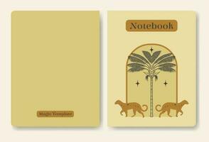 Mystical notebook cover with cheetah wild cats. Elements in trendy bohemian style template. Abstract modern print, vintage vibes. vector