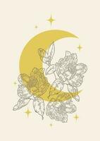 Crescent moon with peony flowers and stars illustration poster. vector