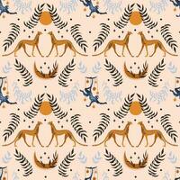 Leopards and leaves, seamless pattern, vector illustration.