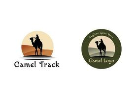 camello en el Desierto logo. personas paseo camellos en el dunas vector