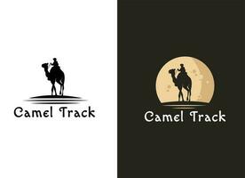 camello en el Desierto logo. personas paseo camellos en el dunas vector