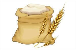 Bag of flour with wheat spikelet isolated on white .Flour sack Vector Illustration.  Cooking Ingredient