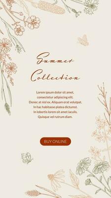 Summer vertical design with wildflowers. Hand drawn vector illustration in sketch style. Social media stories template. Meadow flowers poster. Wedding invitation