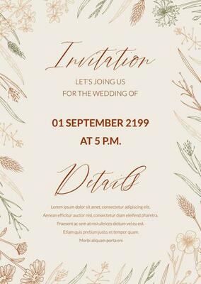 Wedding invitation with hand drawn summer herbs. Vertical wildflowers design. Vector illustration in sketch style. Meadow flowers aesthetic background