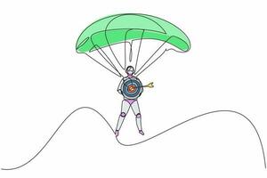 Continuous one line drawing robots jump with parachute and holding target. Humanoid robot cybernetic organism. Future robotics development concept. Single line draw design vector graphic illustration