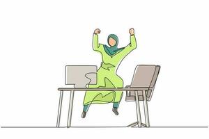 Single one line drawing happy Arab businesswoman jump with raised hands on her workplace. Female manager celebrating success of increasing company product sales. Continuous line design graphic vector