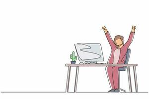 Single continuous line drawing happy businesswoman sitting with raised hands on the her workplace. Office worker celebrates salary increase from company. One line graphic design vector illustration