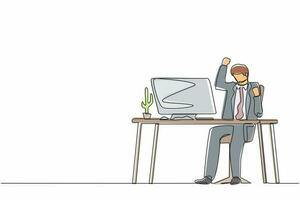Single continuous line drawing happy businessman sitting on workplace with raised one hand high and raised the other. Worker celebrates salary increase from company. One line graphic design vector