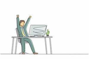 Continuous one line drawing happy businessman sitting with raised hands on the his workplace. Office worker celebrates salary increase from company. Single line draw design vector graphic illustration