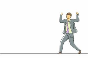 Single one line drawing happy businessman standing with raised his clenched hands. Male manager celebrating success of increasing company's product sales. Continuous line draw design graphic vector