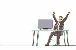 Continuous one line drawing happy businessman sitting with raised hands on the his workplace. Office worker celebrate success of company project. Single line draw design vector graphic illustration