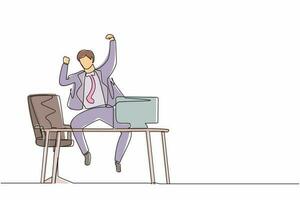 Single one line drawing happy businessman jump with raised hands on the his workplace. Male manager celebrating success of increasing company product sales. Continuous line draw design graphic vector