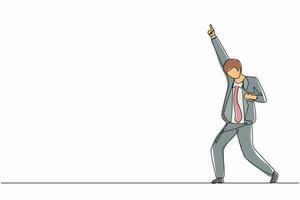 Continuous one line drawing happy businessman standing with raise one hand and the other hand pose yes. Office worker celebrate success of company project. Single line draw design vector illustration