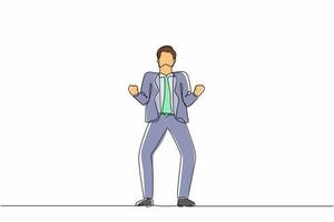 Continuous one line drawing happy businessman standing with both hands do gesture yes. Young office worker celebrate success of company project. Single line draw design vector graphic illustration