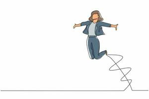 Single one line drawing happy businesswoman jump with raised his legs and spread his arms. Female manager celebrating success of increasing company's product sales. Continuous line draw design vector