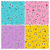 Cartoon faces with emotions. Set of four seamless patterns with different emoticons. Vector illustration