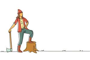 Single one line drawing woman lumberjack wearing plaid shirt, jeans, boots and beanie hat. Standing with ax and posing with one foot on a tree stump. Continuous line draw design vector illustration