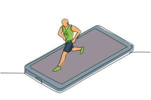 Single one line drawing man running on smartphone screen treadmill. Exercise fitness app and sports. Cardio control digital mobility exercise athlete. Continuous line draw design vector illustration