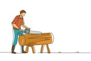 Continuous one line drawing sawmill concept. Professional lumberjack cutting tree by chainsaw for further transportation, processing. Global deforestation. Single line draw design vector illustration