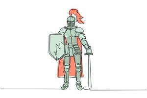 Continuous one line drawing medieval knight standing in armor and helmet holding shield and sword. Full body armor suit, European medieval knight character. Single line draw design vector illustration