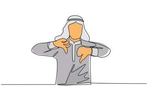 dibujo de una sola línea continua infeliz joven árabe mostrando gesto de pulgares hacia abajo. disgusto, desacuerdo, decepción, desaprobación, no hay trato. emoción, lenguaje corporal. vector de diseño de dibujo de una línea