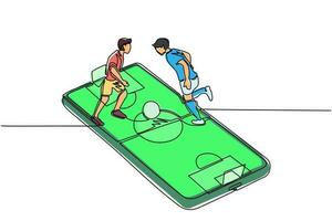 Single one line drawing two people playing football over smartphone screen. Online football game. Smartphone application. Mobile football. Continuous line draw design graphic vector illustration