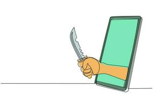 Continuous one line drawing hand hold military combat knife through mobile phone. Concept of mobile games, e-sport, entertainment application for smartphones. Single line draw design vector graphic