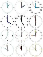 A set of different mechanical clocks with an image of each of the twelve hours. Clock face on white background. vector