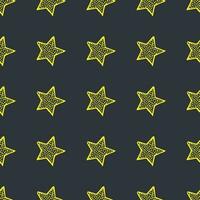 Seamless background of doodle stars. Yellow hand drawn stars on dark background. Vector illustration