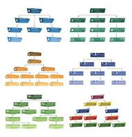 Set of six colorful business structure concept, corporate organization chart scheme with people icons. Vector illustration.