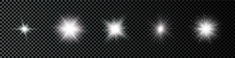 Light effect of lens flares. Set of five white glowing lights starburst effects with sparkles on a dark vector