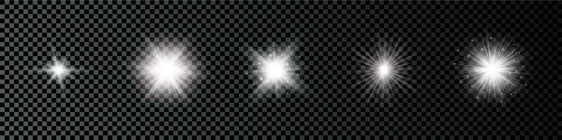 Light effect of lens flares. Set of five white glowing lights starburst effects with sparkles on a dark