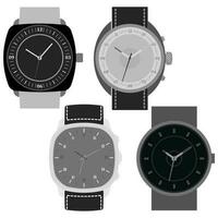 Set of four black and white watches on white background. Clock face with hour, minute and second hands. Vector illustration.