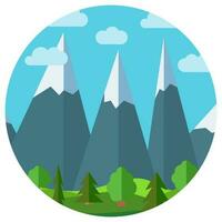 Vector cartoon mountain landscape in circle. Natural landscape in the flat style with blue sky, clouds, trees, hills and mountains with snow on the peaks.