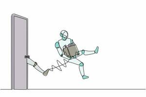 Continuous one line drawing robots get kicked out of door. Dismissed from job. Humanoid robot cybernetic organism. Future robotics development concept. Single line graphic design vector illustration