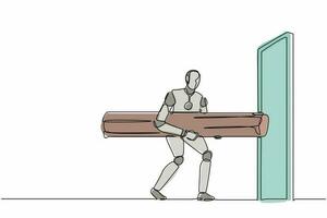 Single one line drawing robot holding large log to destroying door. Future technology development. Artificial intelligence and machine learning process. Continuous line draw design vector illustration