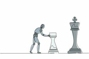 Single continuous line drawing robots push huge rook chess piece to take down king. Modern robotics artificial intelligence technology. Electronic technology industry. One line graphic design vector