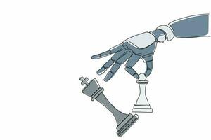 Continuous one line drawing robot hand holding chess pawn to take down chess king. Checkmate. Humanoid robot cybernetic organism. Future robotics development concept. Single line design vector graphic