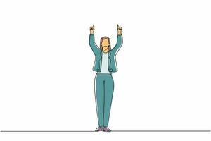 Single one line drawing happy businesswoman standing and both hands pointing with index fingers. Saleswoman celebrates salary increase from company. Continuous line design graphic vector illustration