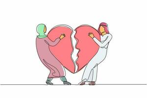 Single continuous line drawing lovers broken heart. Young Arab man, woman pulled apart causing each other feel great sorrow, couple in disagreement at end of relationship. One line draw design vector