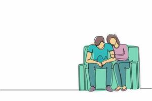 Single one line drawing young caring woman sitting on sofa, hugging shoulder of depressed man and trying to help or support him. Support, mental depression. Continuous line draw design vector graphic