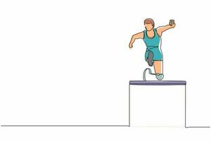 Continuous one line drawing front view amputated male athlete jumping, running over hurdle. Disabled event with hurdle race. Disability sport concept. Single line design vector graphic illustration