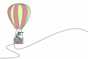 Single continuous line drawing robots with monocular, ride hot air balloon briefcase. Modern robotics artificial intelligence technology. Electronic technology industry. One line graphic design vector